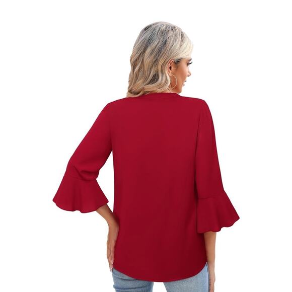 Youtalia Women’s 3/4 Sleeve Dressy Casual Business Work Blouse Chiffon Shirt Red - Picture 4 of 5